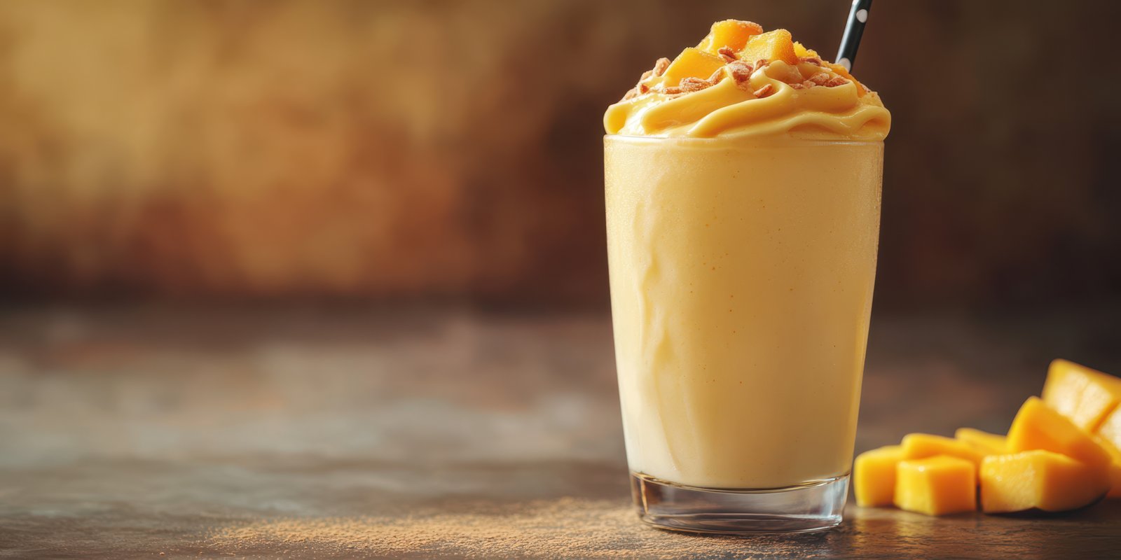 Creamy mango smoothie topped with nuts served in a glass on a wooden table